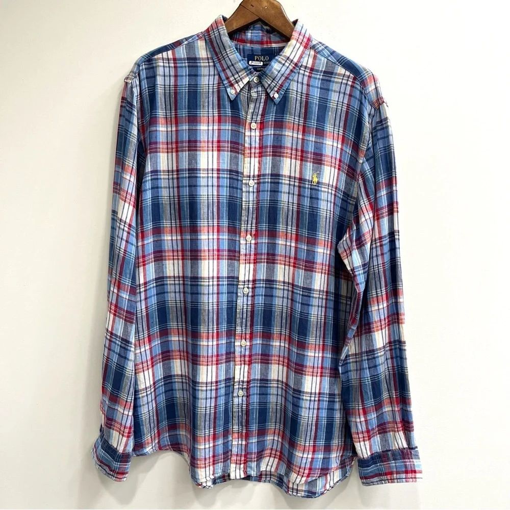 Polo Ralph Lauren 100% Linen Men’s Blue Red Plaid Long Sleeve Button Down XXL